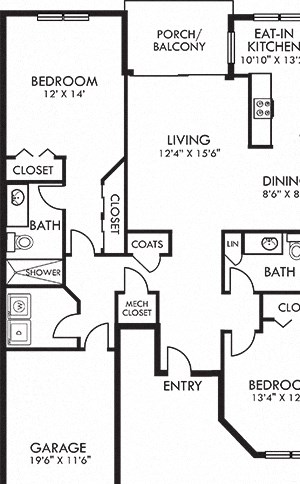 Hamilton With Attached Garage Hamilton With Attached Garage. 2 bedroom apartment. Kitchen with eating area. 2 full bathrooms, shower stall in master. Two closets in master. Patio/balcony.